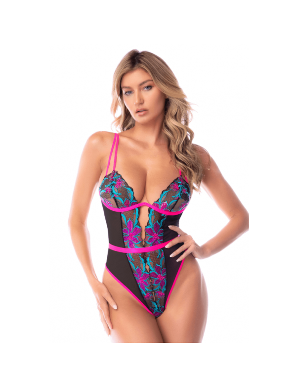 Body bleu et rose en maille transparente brodée avec sequins – Mapalé