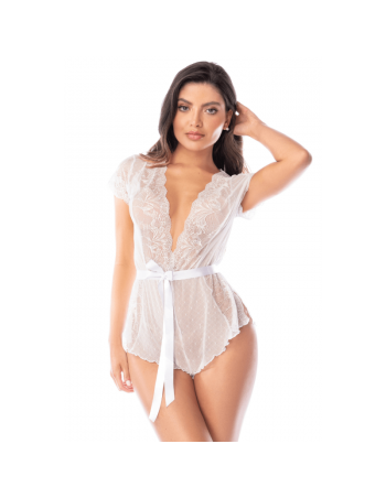 Combishort blanc en dentelle transparente avec ceinture – Mapalé