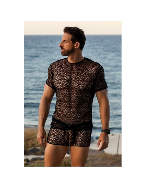 T-shirt noir sexy filet irrégulier fétichiste 
