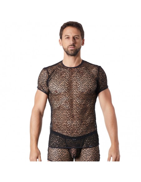 T-shirt noir sexy filet irrégulier fétichiste
