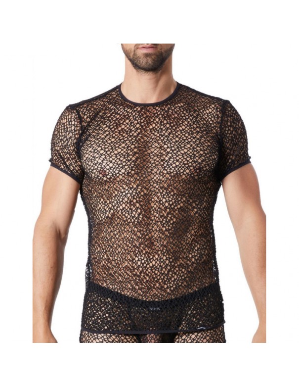 T-shirt noir sexy filet irrégulier fétichiste 