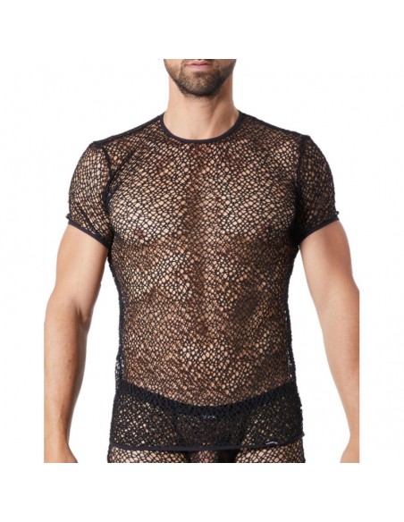 T-shirt noir sexy filet irrégulier fétichiste 