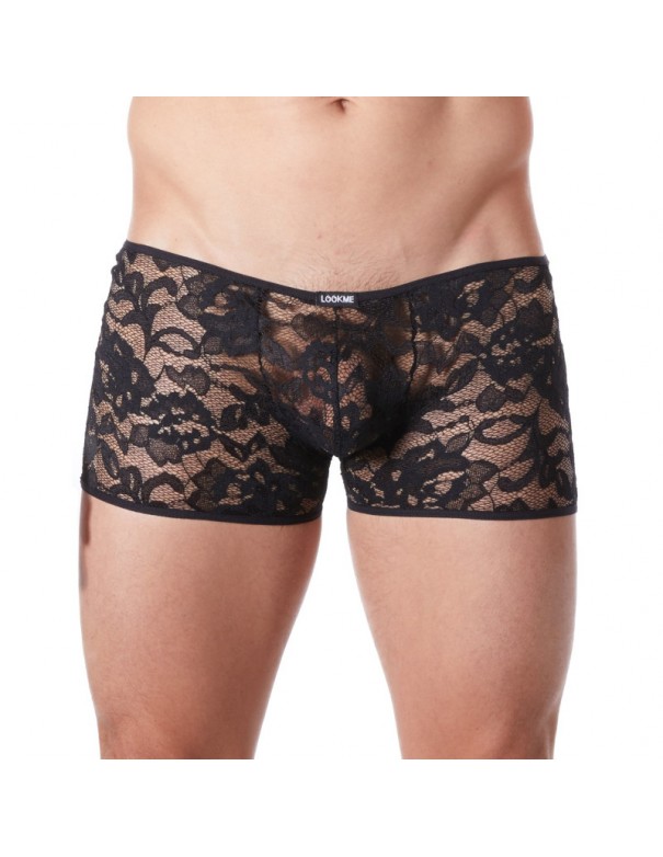 Boxer noir en fine dentelle avec légère transparence