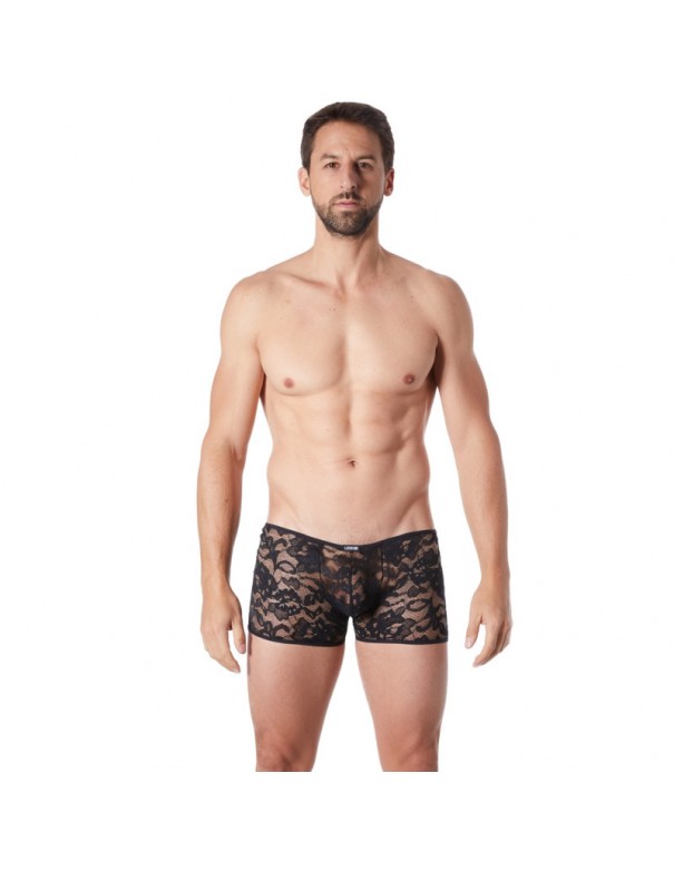 Boxer noir en fine dentelle avec légère transparence