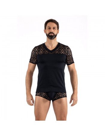 T-shirt noir résille brodée Shinny