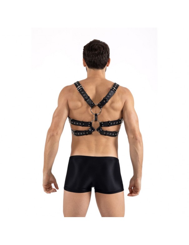 Harnais homme simili cuir avec sangles reliées par de larges anneaux 
